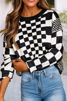 Checkered Print Drop Shoulder Round Neck Sweater-Tops & Tees-Deadwood South Boutique & Company LLC-Deadwood South Boutique, Women's Fashion Boutique in Henderson, TX