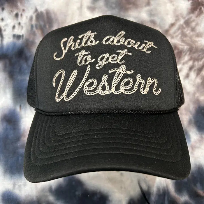 Shits About To Get Western Trucker Cap-Headgear-Deadwood South Boutique & Company-Deadwood South Boutique, Women's Fashion Boutique in Henderson, TX
