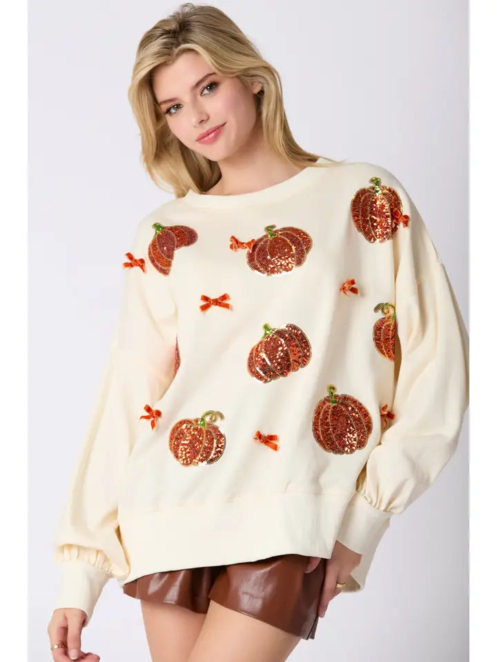 Pumpkin Sequin Oversized Sweatshirt-Sweaters-Deadwood South Boutique & Company LLC-Deadwood South Boutique, Women's Fashion Boutique in Henderson, TX