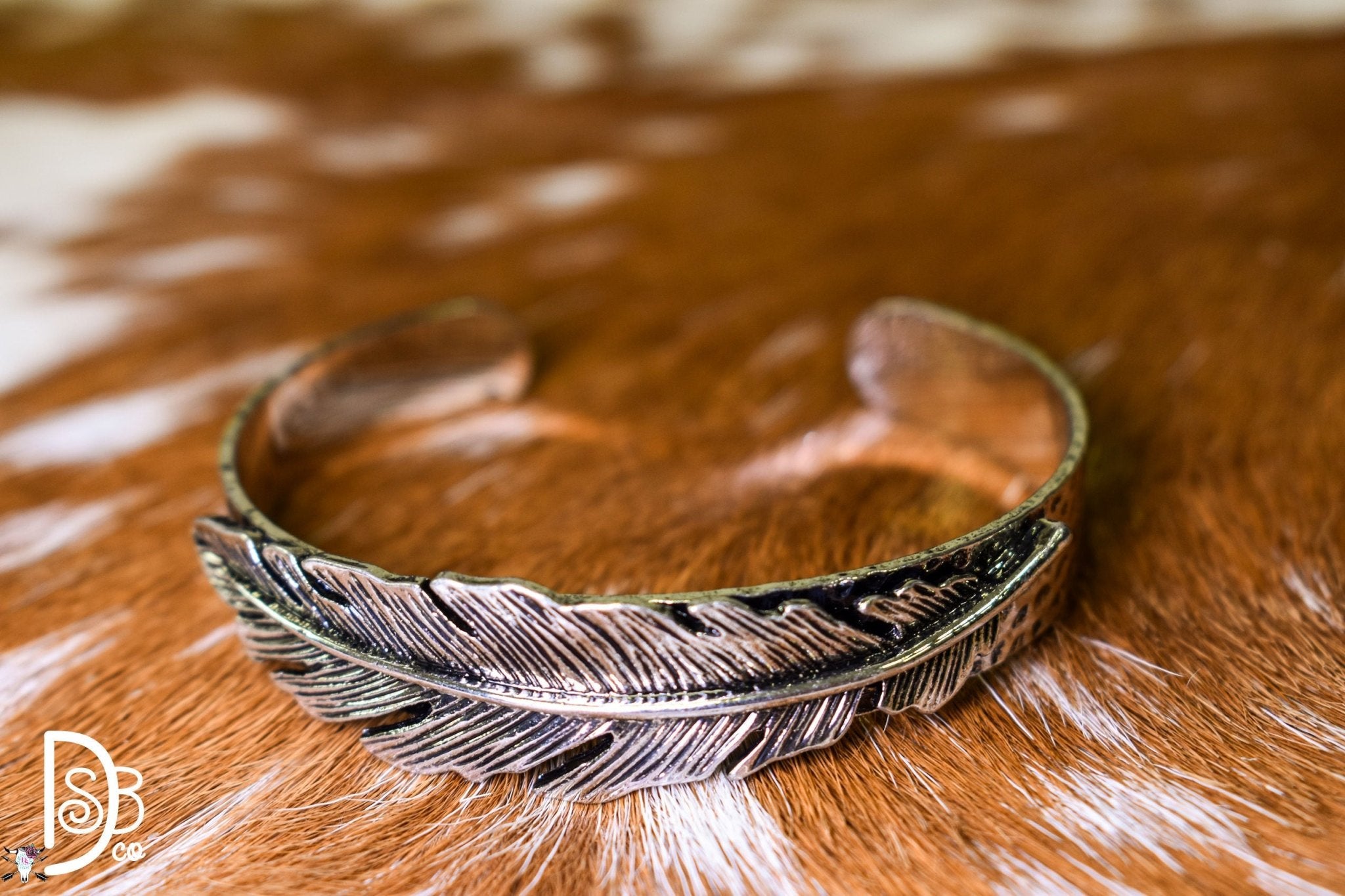 18K White Gold - Plated Stamped Feather Cuff - Deadwood South Boutique & Company LLC