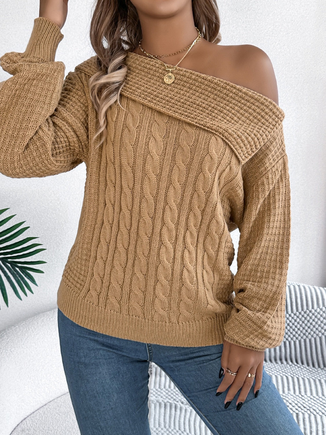 Cable-Knit One Shoulder Long Sleeve Sweater-Trendsi-Deadwood South Boutique, Women's Fashion Boutique in Henderson, TX