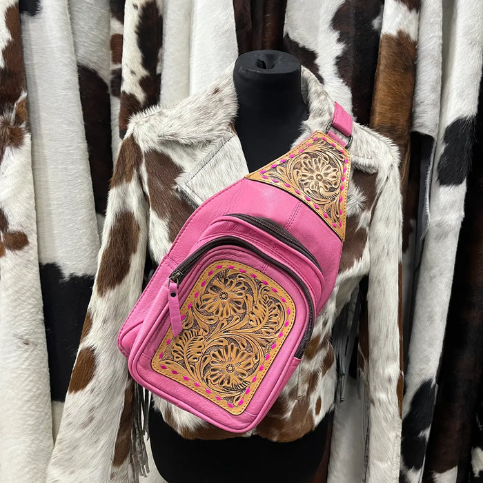 Pink Tooled Satchel Sling Bag-Bags & Purses-Deadwood South Boutique & Company-Deadwood South Boutique, Women's Fashion Boutique in Henderson, TX