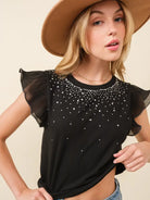 Rhinestone Trimmed Ruffle Sleeve Crop-Short Sleeves-Deadwood South Boutique & Company-Deadwood South Boutique, Women's Fashion Boutique in Henderson, TX