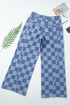 Checkered Wide Leg Jeans with Pockets-bottoms-Trendsi-Deadwood South Boutique, Women's Fashion Boutique in Henderson, TX