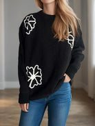 Flower Round Neck Long Sleeve Sweater-Sweaters-Trendsi-Deadwood South Boutique, Women's Fashion Boutique in Henderson, TX