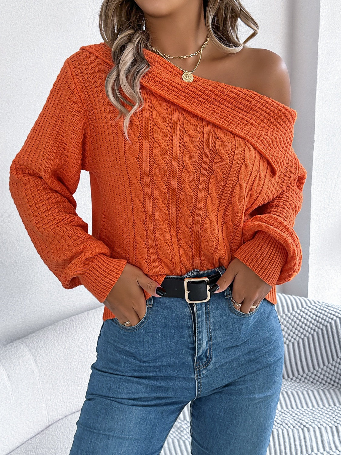 Cable-Knit One Shoulder Long Sleeve Sweater-Trendsi-Deadwood South Boutique, Women's Fashion Boutique in Henderson, TX