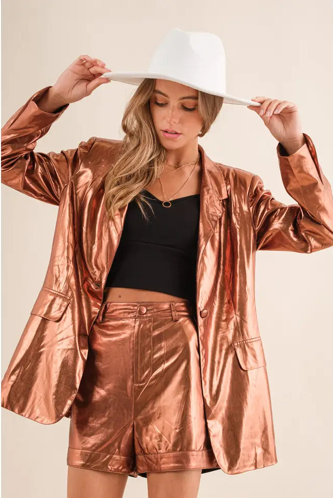 Sleek In Style Metallic Blazer and Shorts Set-Outfit Sets-Deadwood South Boutique & Company-Deadwood South Boutique, Women's Fashion Boutique in Henderson, TX