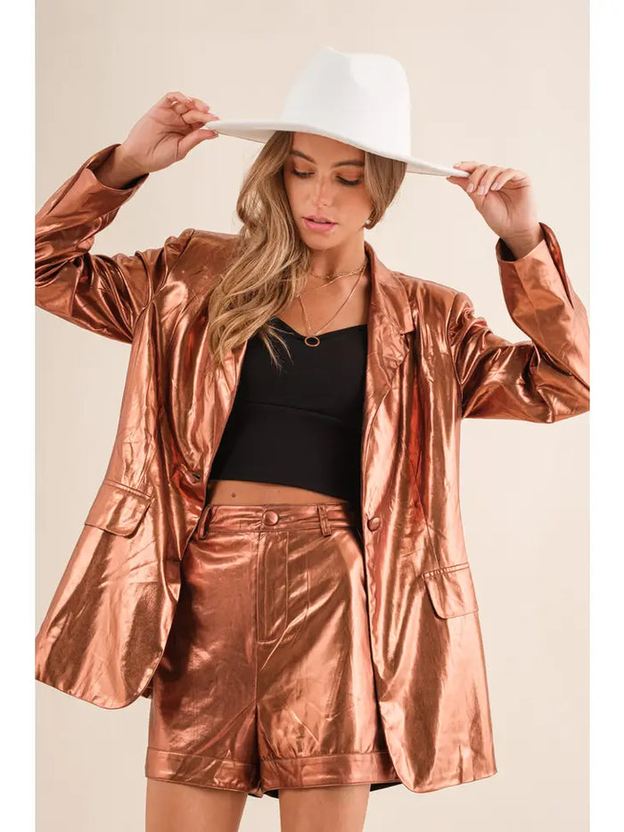 Sleek In Style Metallic Blazer and Shorts Set-Outfit Sets-Deadwood South Boutique & Company-Deadwood South Boutique, Women's Fashion Boutique in Henderson, TX