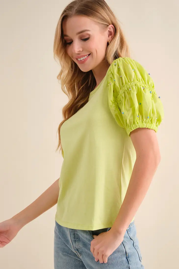 Poplin Pearl Embellished Jersey T-Shirt