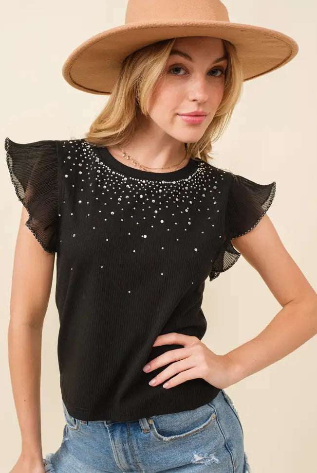 Rhinestone Trimmed Ruffle Sleeve Crop-Short Sleeves-Deadwood South Boutique & Company-Deadwood South Boutique, Women's Fashion Boutique in Henderson, TX