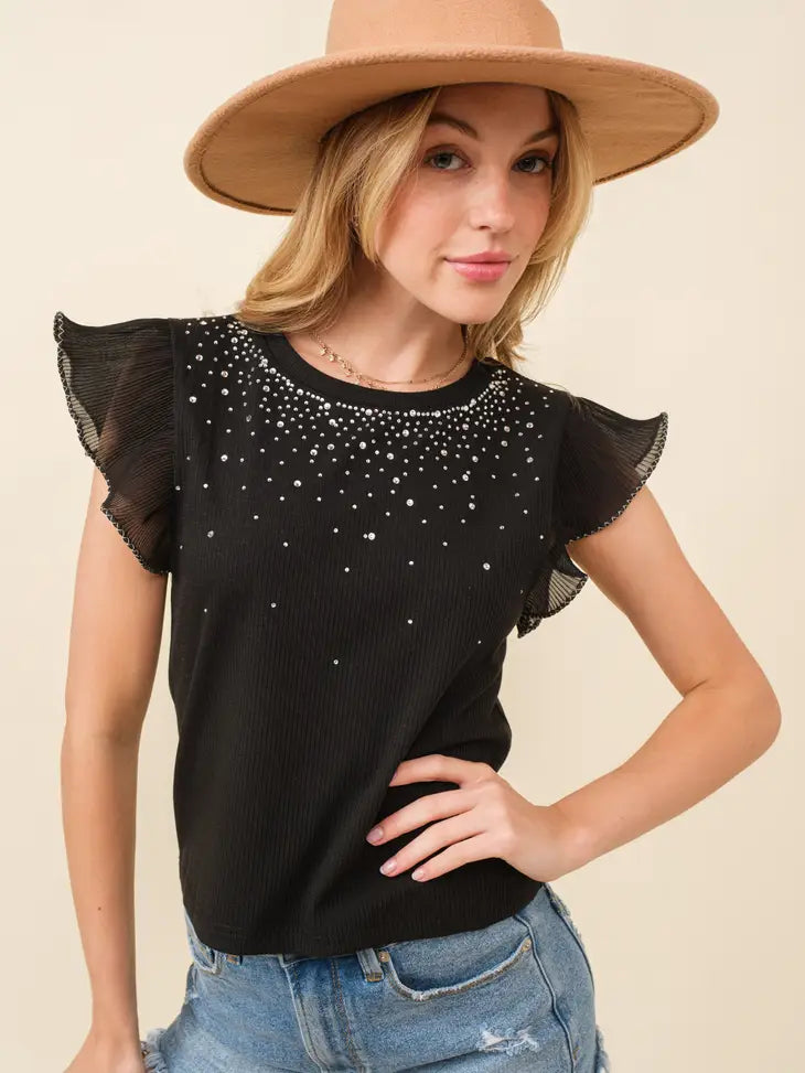 Rhinestone Trimmed Ruffle Sleeve Crop-Short Sleeves-Deadwood South Boutique & Company-Deadwood South Boutique, Women's Fashion Boutique in Henderson, TX