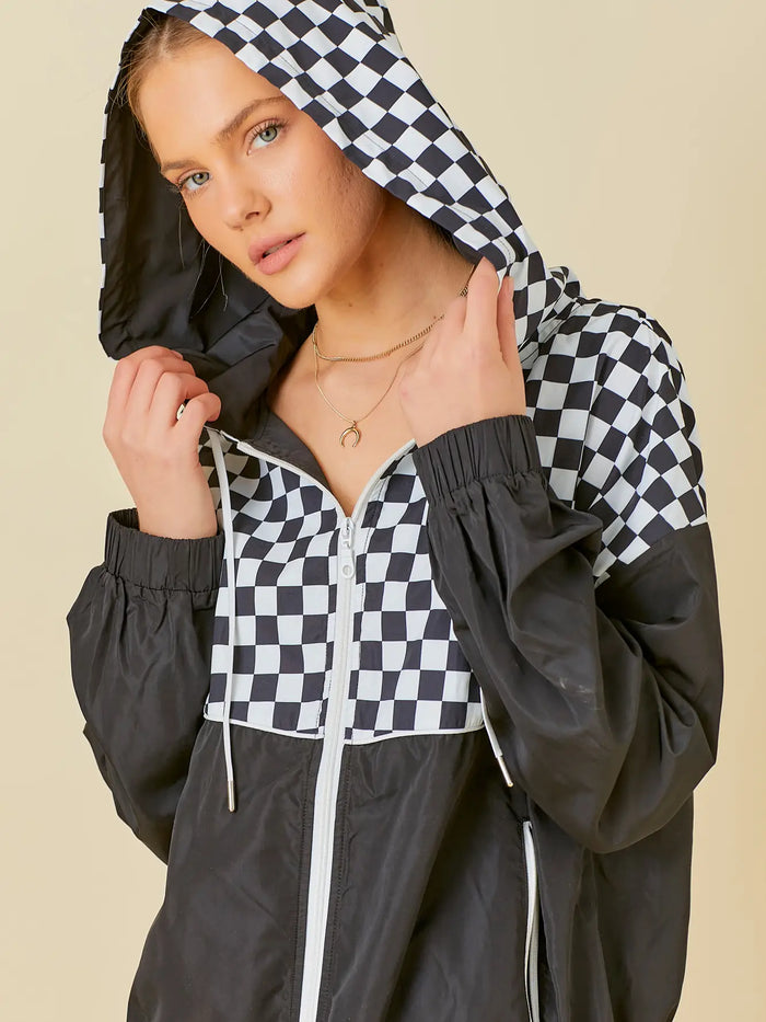 Checkered Print Windbreaker Hoodie-outerwear-Deadwood South Boutique & Company-Deadwood South Boutique, Women's Fashion Boutique in Henderson, TX