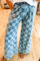 Checkered Wide Leg Jeans with Pockets-bottoms-Trendsi-Deadwood South Boutique, Women's Fashion Boutique in Henderson, TX