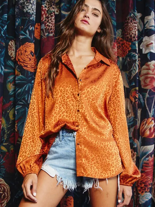 Animal Patterned Satin Blouse-Long Sleeves-Deadwood South Boutique & Company-Deadwood South Boutique, Women's Fashion Boutique in Henderson, TX