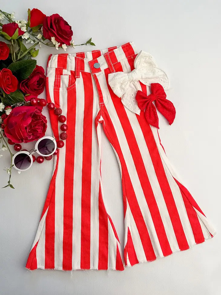 Girls Red & White Striped Bell Bottom Jeans