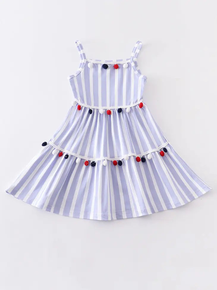 Girls Blue Stripe Pom Pom Dress