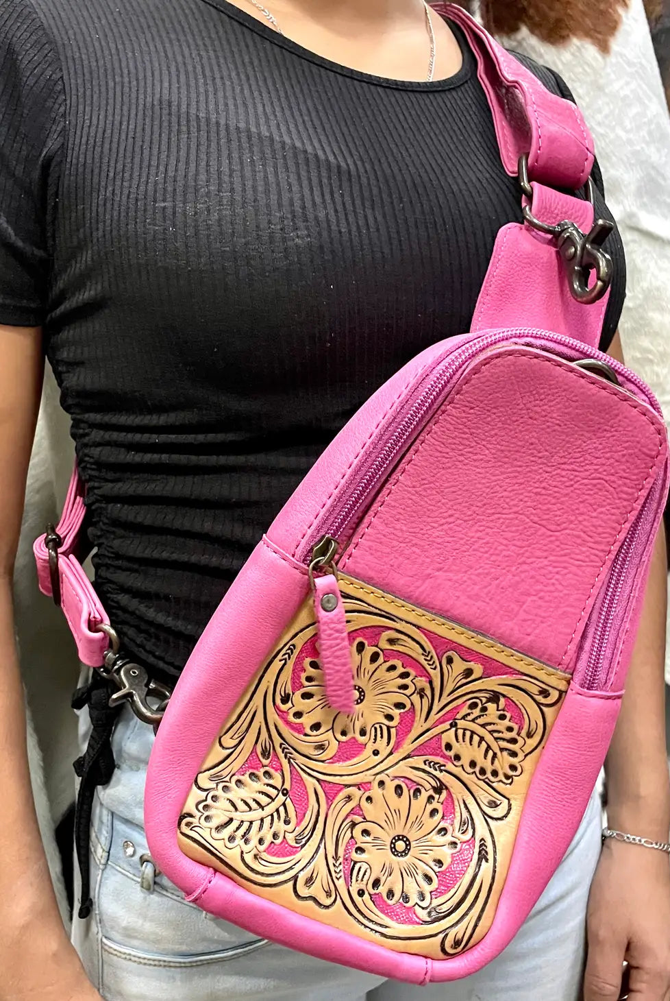 Pink Tooled Leather Sling Bag-Bags & Purses-Deadwood South Boutique & Company-Deadwood South Boutique, Women's Fashion Boutique in Henderson, TX