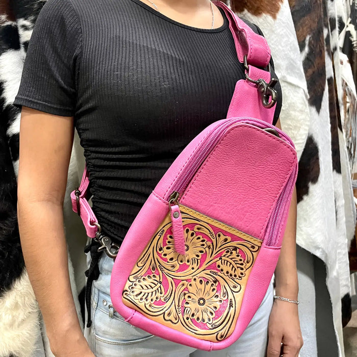 Pink Tooled Leather Sling Bag-Bags & Purses-Deadwood South Boutique & Company-Deadwood South Boutique, Women's Fashion Boutique in Henderson, TX