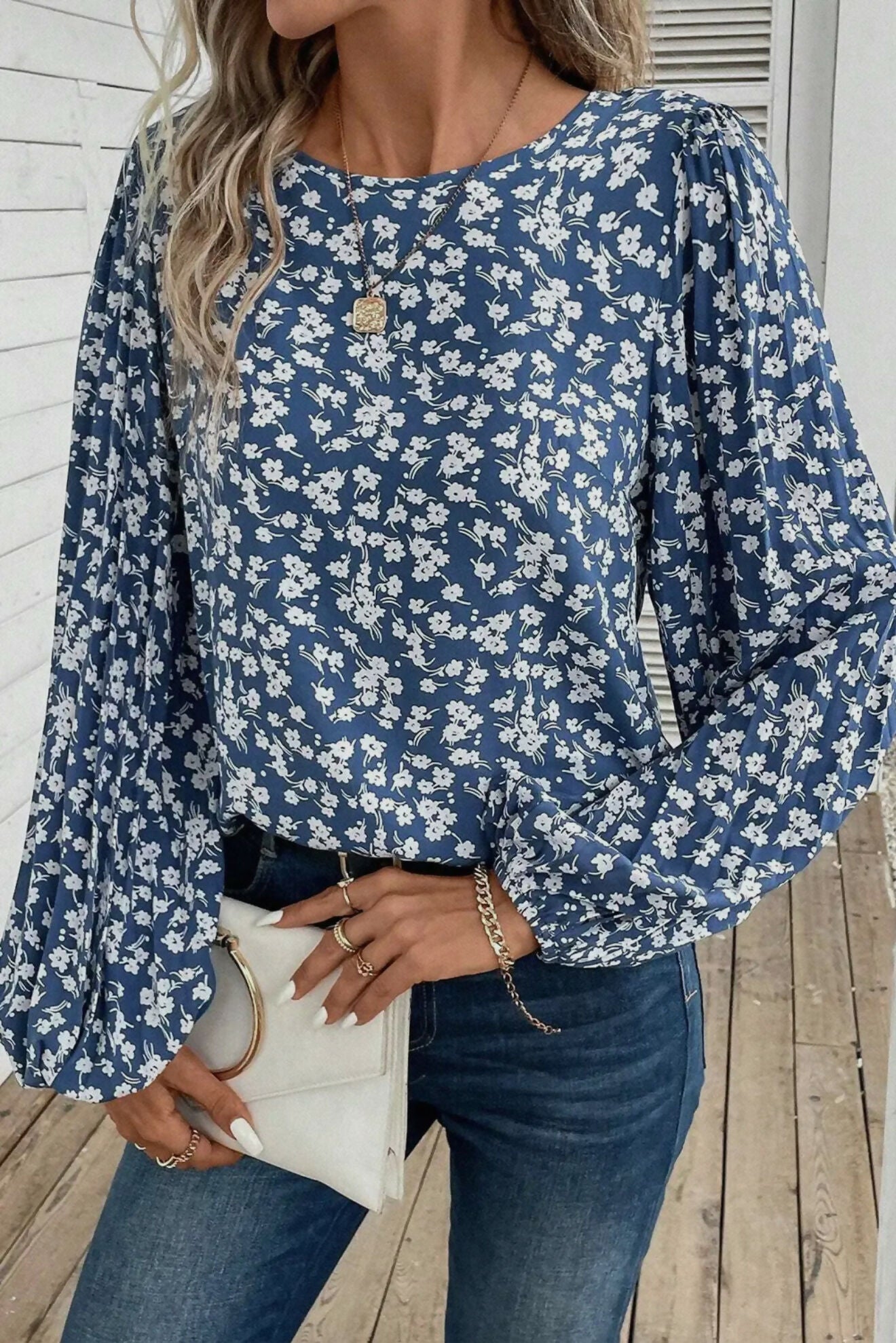 Blue Ditsy Floral Top-Tops & Tees-Vintage Cowgirl-Deadwood South Boutique, Women's Fashion Boutique in Henderson, TX