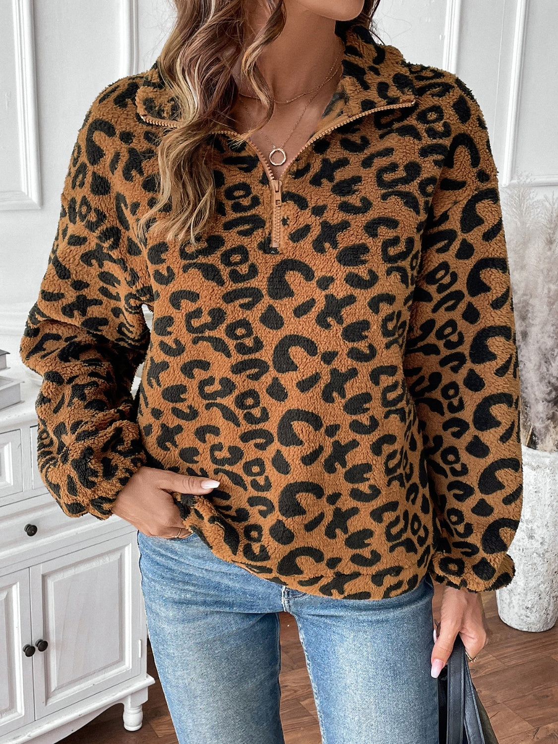 Leopard Half Zip Long Sleeve Sweatshirt-Outerwear-Trendsi-Deadwood South Boutique, Women's Fashion Boutique in Henderson, TX