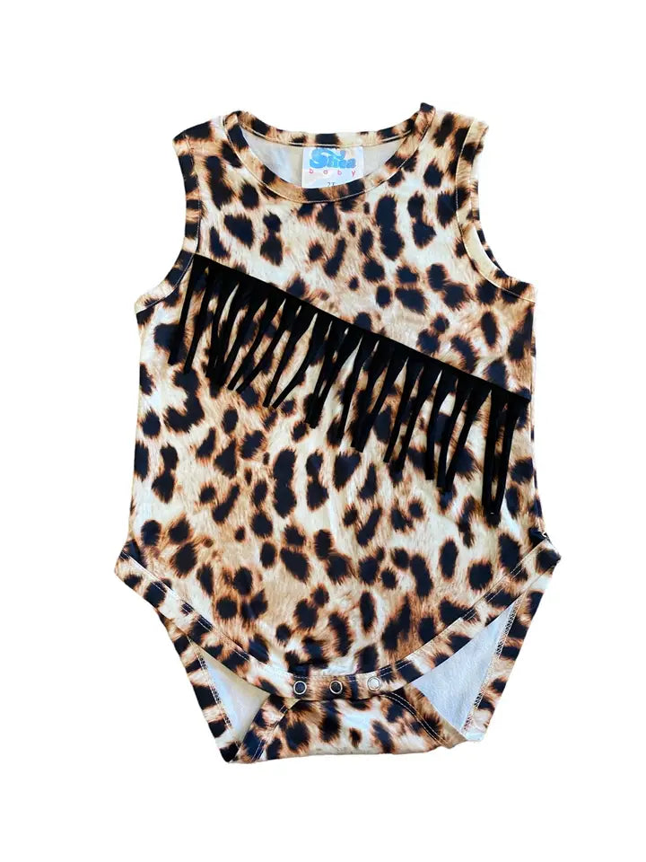 Shea Baby Leopard Sueded Fringe Onesie or Shirt-Onesies-Deadwood South Boutique & Company-Deadwood South Boutique, Women's Fashion Boutique in Henderson, TX