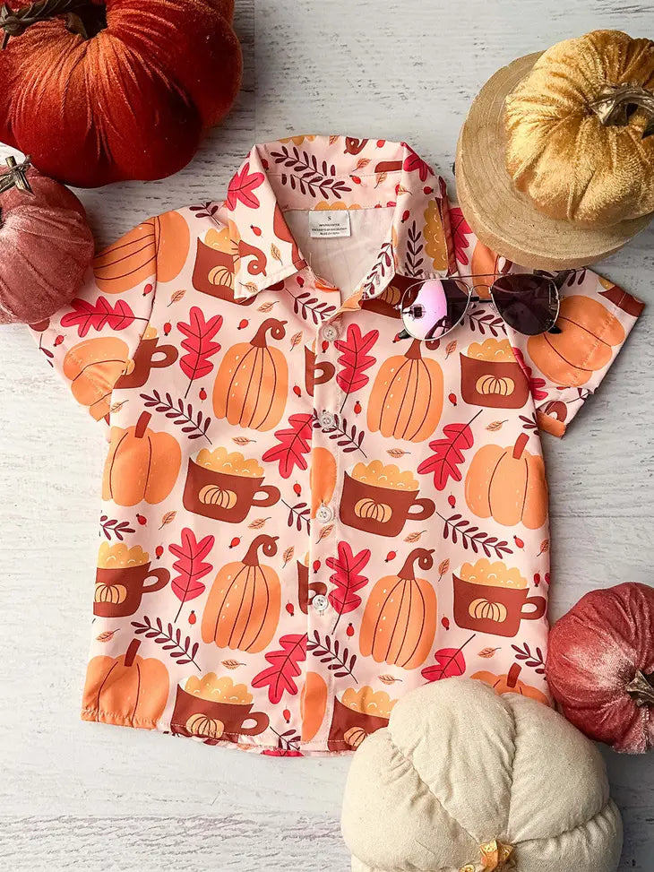 Pumpkin & Fall Leaves Pink Button Down-Short Sleeves-Deadwood South Boutique & Company-Deadwood South Boutique, Women's Fashion Boutique in Henderson, TX