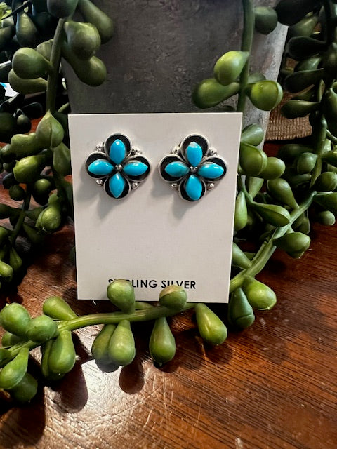 Sterling Silver & Turquoise Flower Earrings-Sterling Silver & Turquoise Earrings-Deadwood South Boutique & Company LLC-Deadwood South Boutique, Women's Fashion Boutique in Henderson, TX