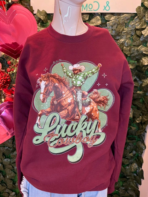 Lucky Cowboy Crewneck Sweatshirt-Graphic Sweatshirt-Deadwood South Boutique & Company LLC-Deadwood South Boutique, Women's Fashion Boutique in Henderson, TX