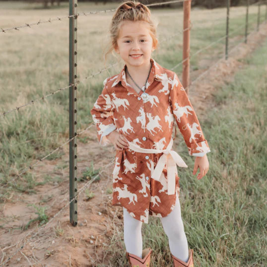 Shea Baby Brown Running Horse Button Up Dress-Dresses-Deadwood South Boutique & Company-Deadwood South Boutique, Women's Fashion Boutique in Henderson, TX
