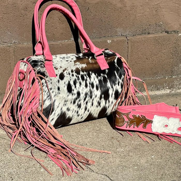 Cowhide Leather Speedy Bag With Pink Leather Fringe-Bags & Purses-Deadwood South Boutique & Company-Deadwood South Boutique, Women's Fashion Boutique in Henderson, TX