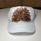 Trudy White Feather Embellished Trucker Cap w/Turquoise Hat Chain-Hats-Deadwood South Boutique & Company-Deadwood South Boutique, Women's Fashion Boutique in Henderson, TX