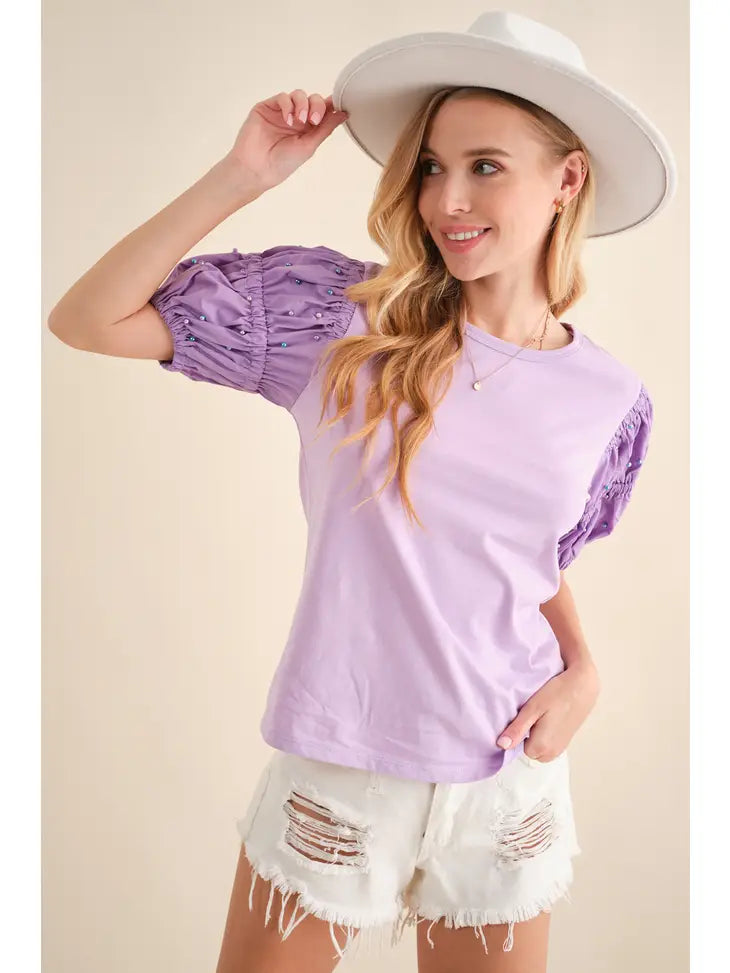 Poplin Pearl Embellished Jersey T-Shirt