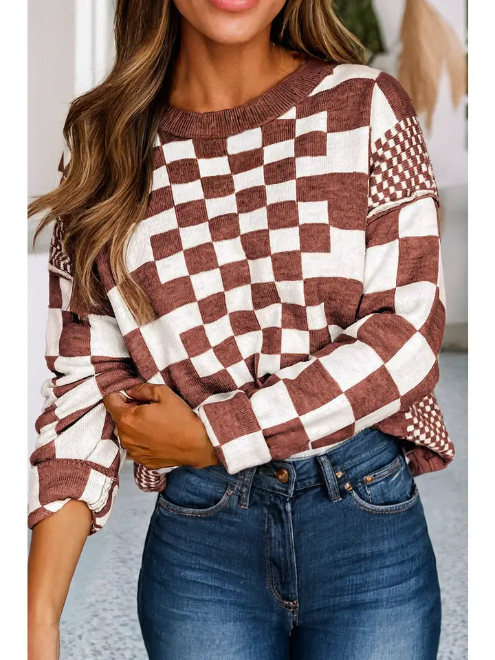 Checkered Print Drop Shoulder Round Neck Sweater-Tops & Tees-Deadwood South Boutique & Company LLC-Deadwood South Boutique, Women's Fashion Boutique in Henderson, TX