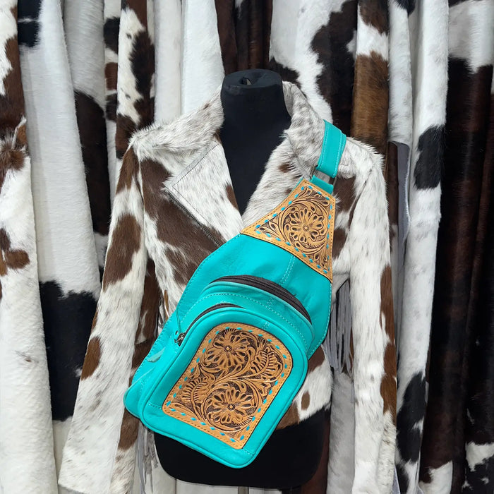 Turquoise Tooled Satchel Sling Bag-Bags & Purses-Deadwood South Boutique & Company-Deadwood South Boutique, Women's Fashion Boutique in Henderson, TX