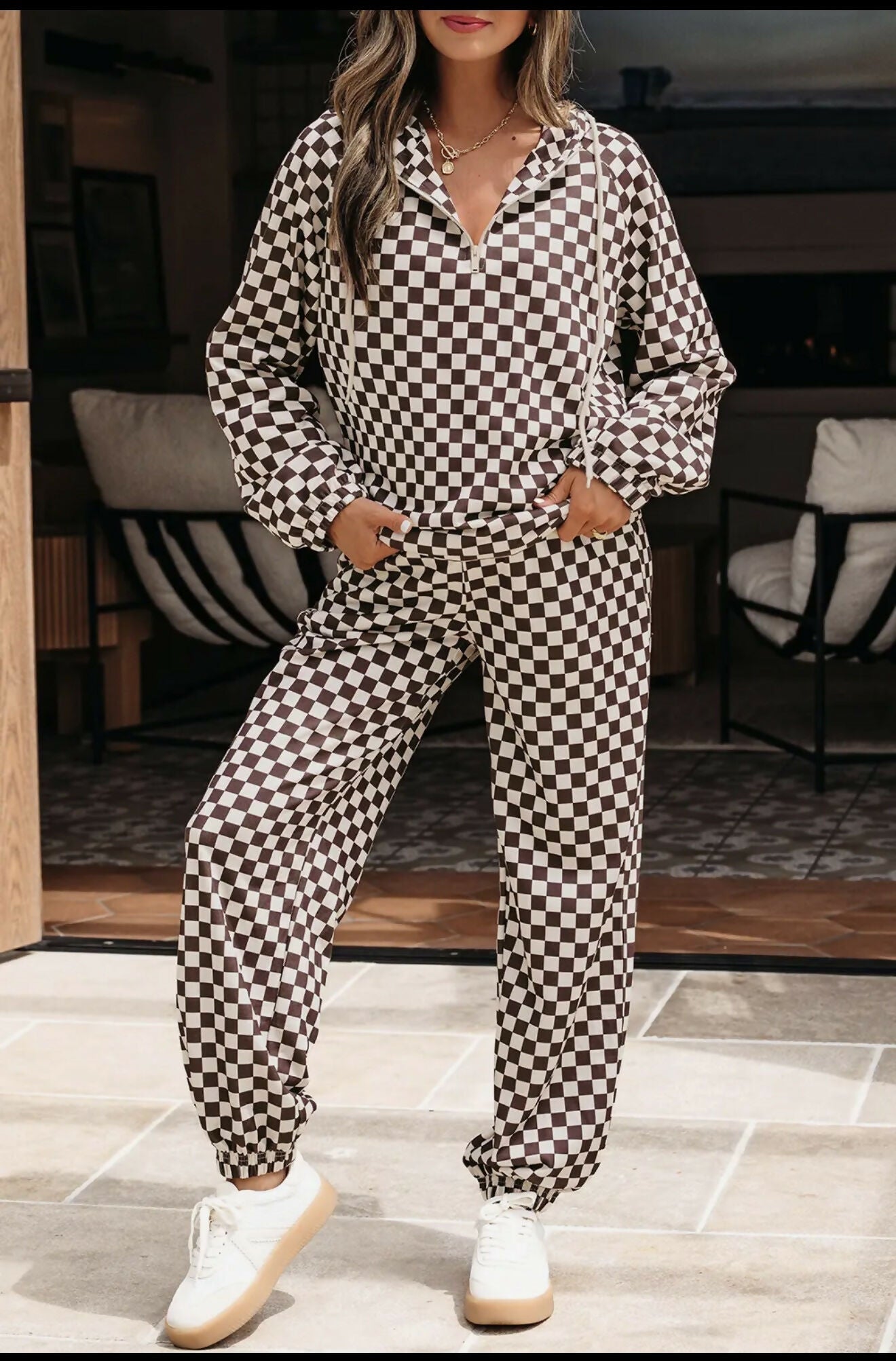 Athleisure Checkered Zippered Jogger Set - Deadwood South Boutique & Company LLC