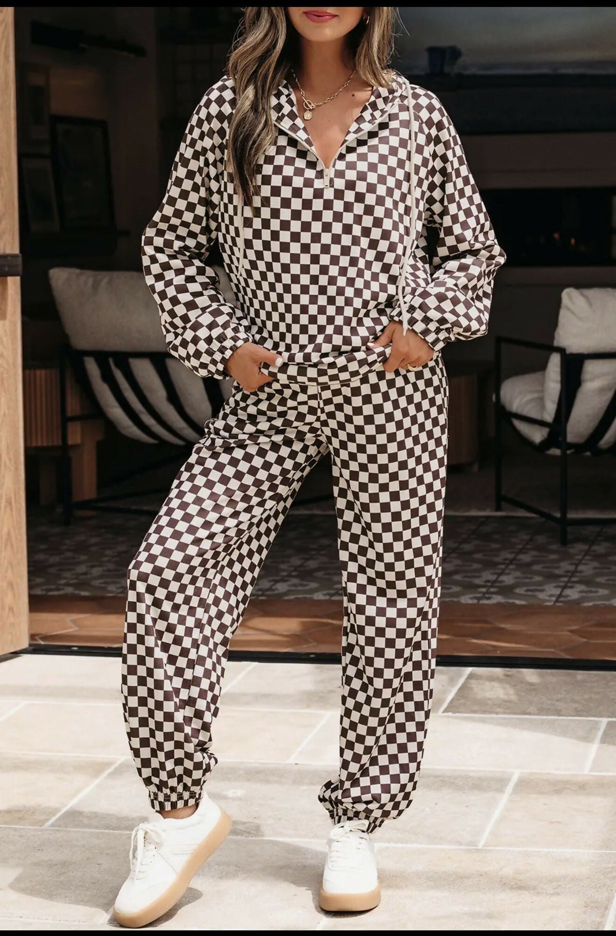 Athleisure Checkered Zippered Jogger Set - Deadwood South Boutique & Company LLC