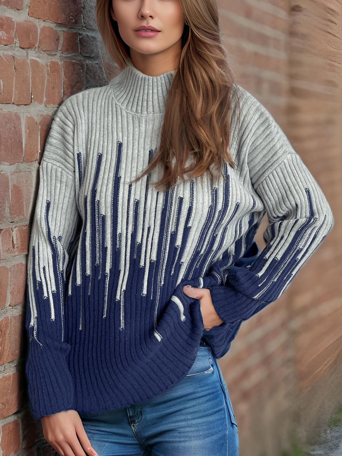 Contrast Mock Neck Long Sleeve Sweater-Sweaters-Trendsi-Deadwood South Boutique, Women's Fashion Boutique in Henderson, TX