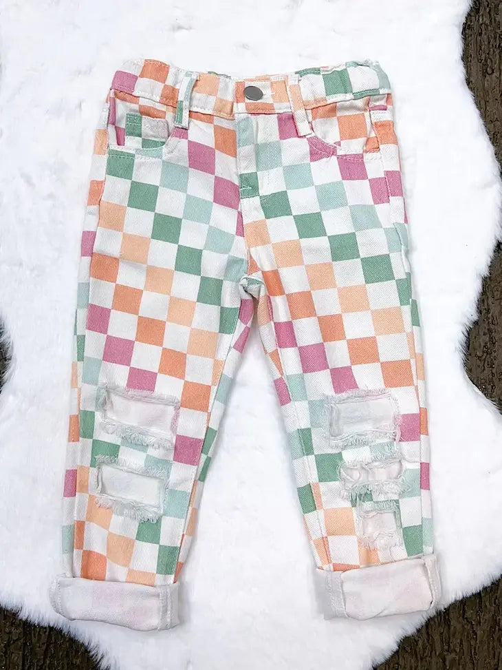 Girls Multi Color Checker Distressed Denim Pants-Children's Clothing-Deadwood South Boutique & Company-Deadwood South Boutique, Women's Fashion Boutique in Henderson, TX