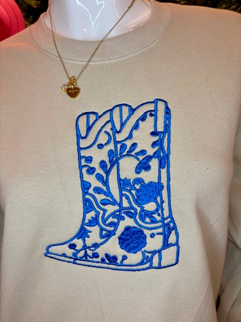 Bougie Blue Boot Crewneck Sweatshirt - Deadwood South Boutique & Company LLC