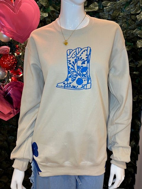 Bougie Blue Boot Crewneck Sweatshirt - Deadwood South Boutique & Company LLC