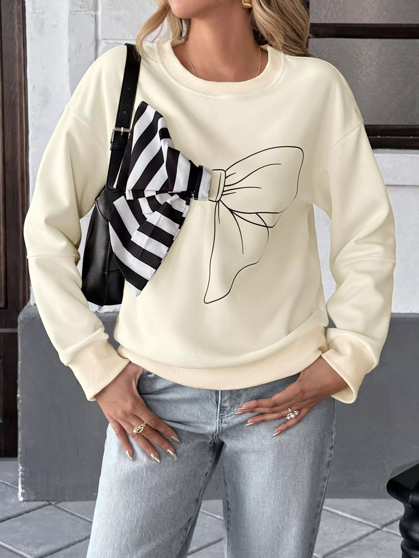 Bow Round Neck Dropped Shoulder Sweatshirt - Deadwood South Boutique & Company LLC
