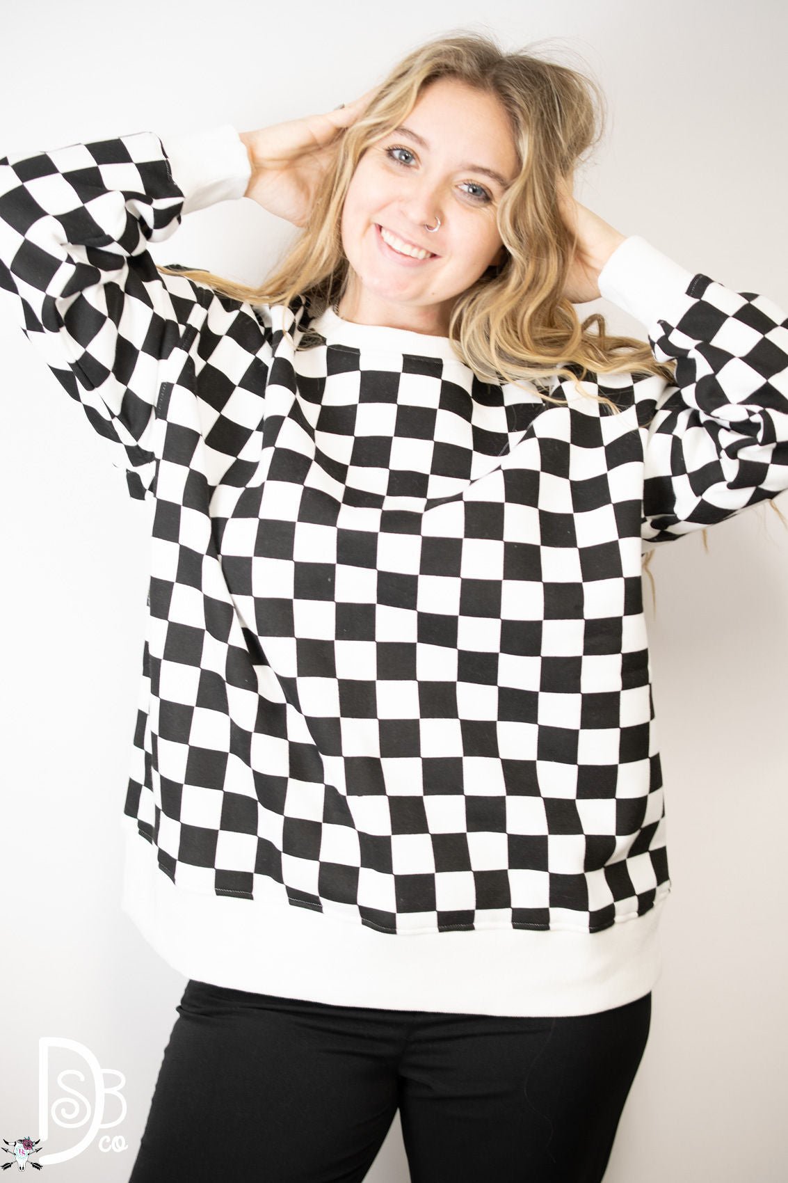 Checkered Oversized Crew Neck - Deadwood South Boutique & Company LLC