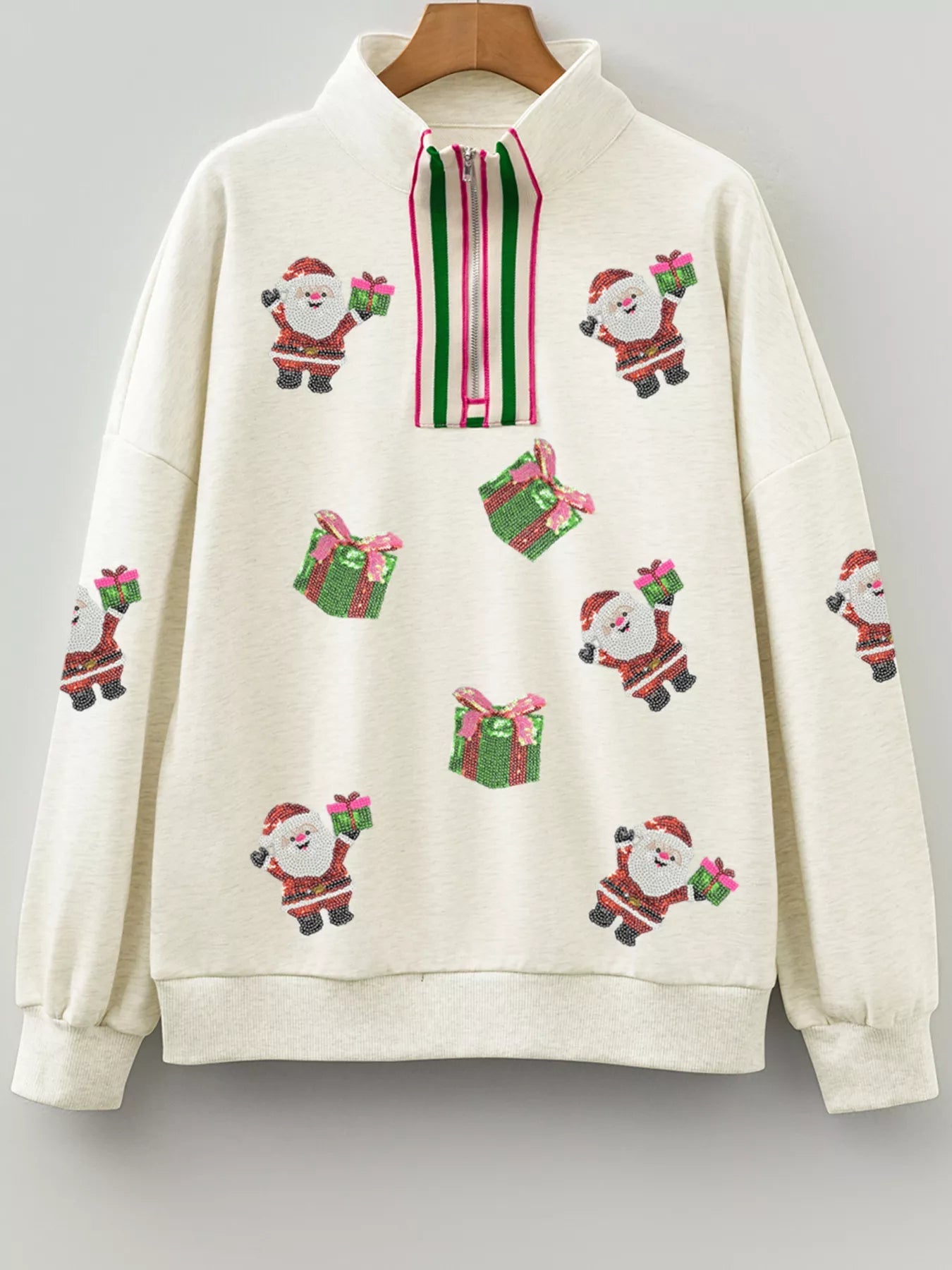 Christmas Striped Patchwork Zip Neck Sequin Santa Gift Sweatshirt - Deadwood South Boutique & Company LLC