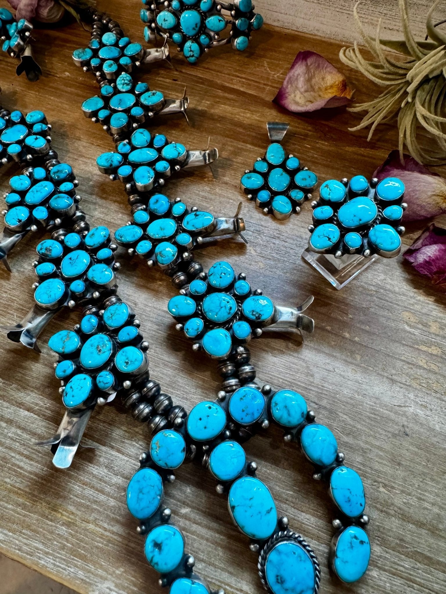 Complete Squash Blossom Set – Kingman Turquoise – Sterling Silver – Navajo Made by Wilson Dawes - Deadwood South Boutique & Company LLC