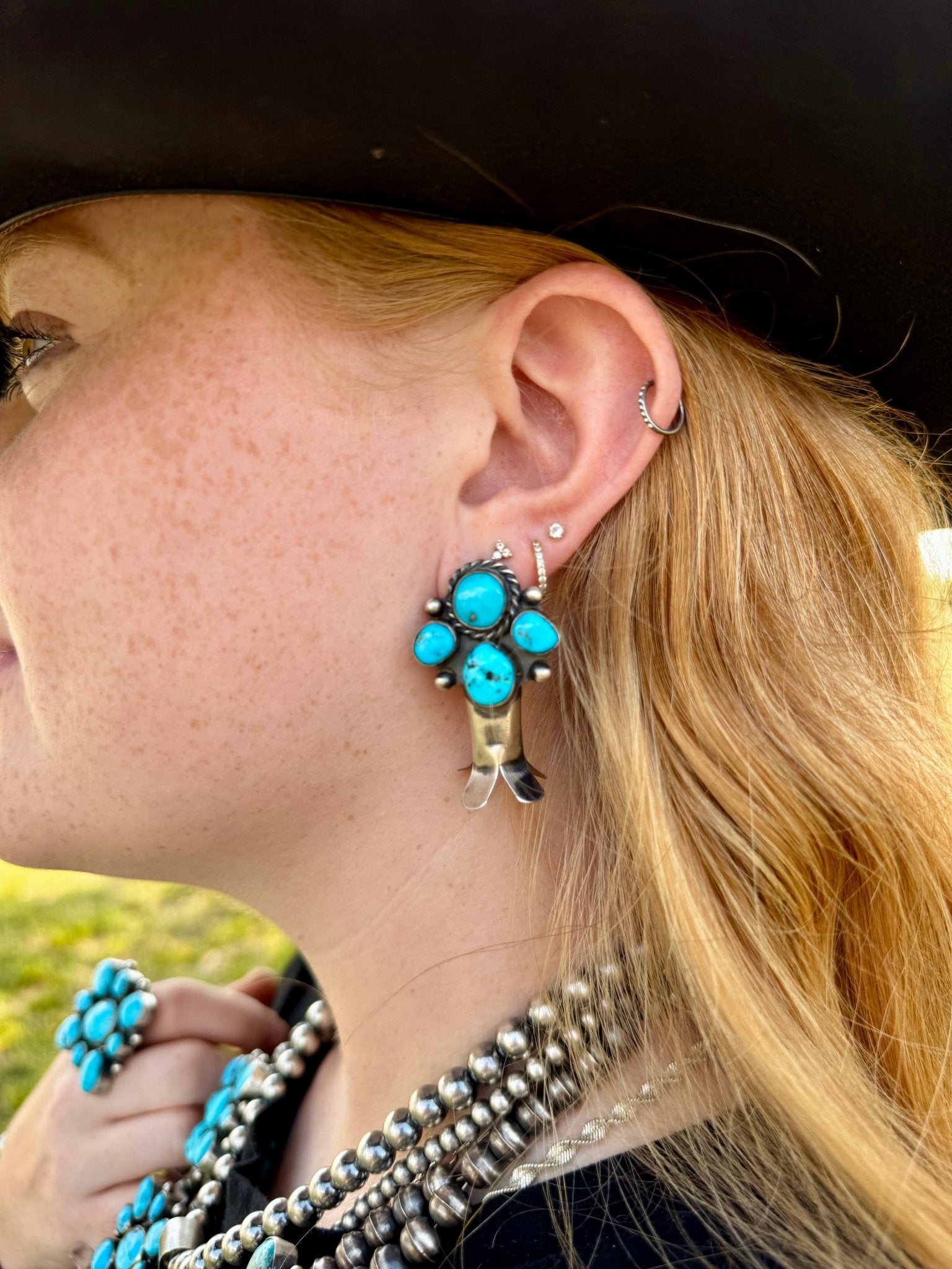 Complete Squash Blossom Set – Kingman Turquoise – Sterling Silver – Navajo Made by Wilson Dawes - Deadwood South Boutique & Company LLC