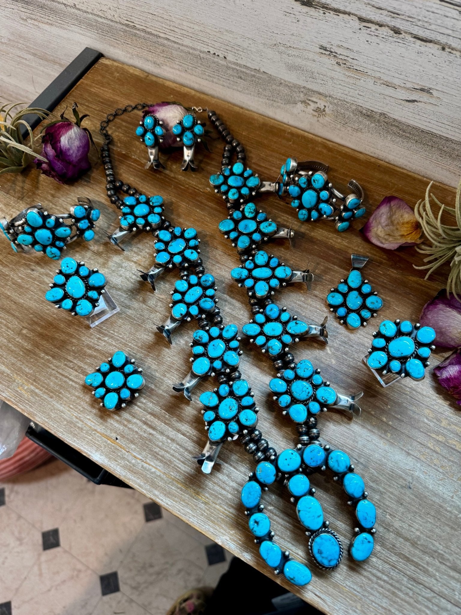 Complete Squash Blossom Set – Kingman Turquoise – Sterling Silver – Navajo Made by Wilson Dawes - Deadwood South Boutique & Company LLC