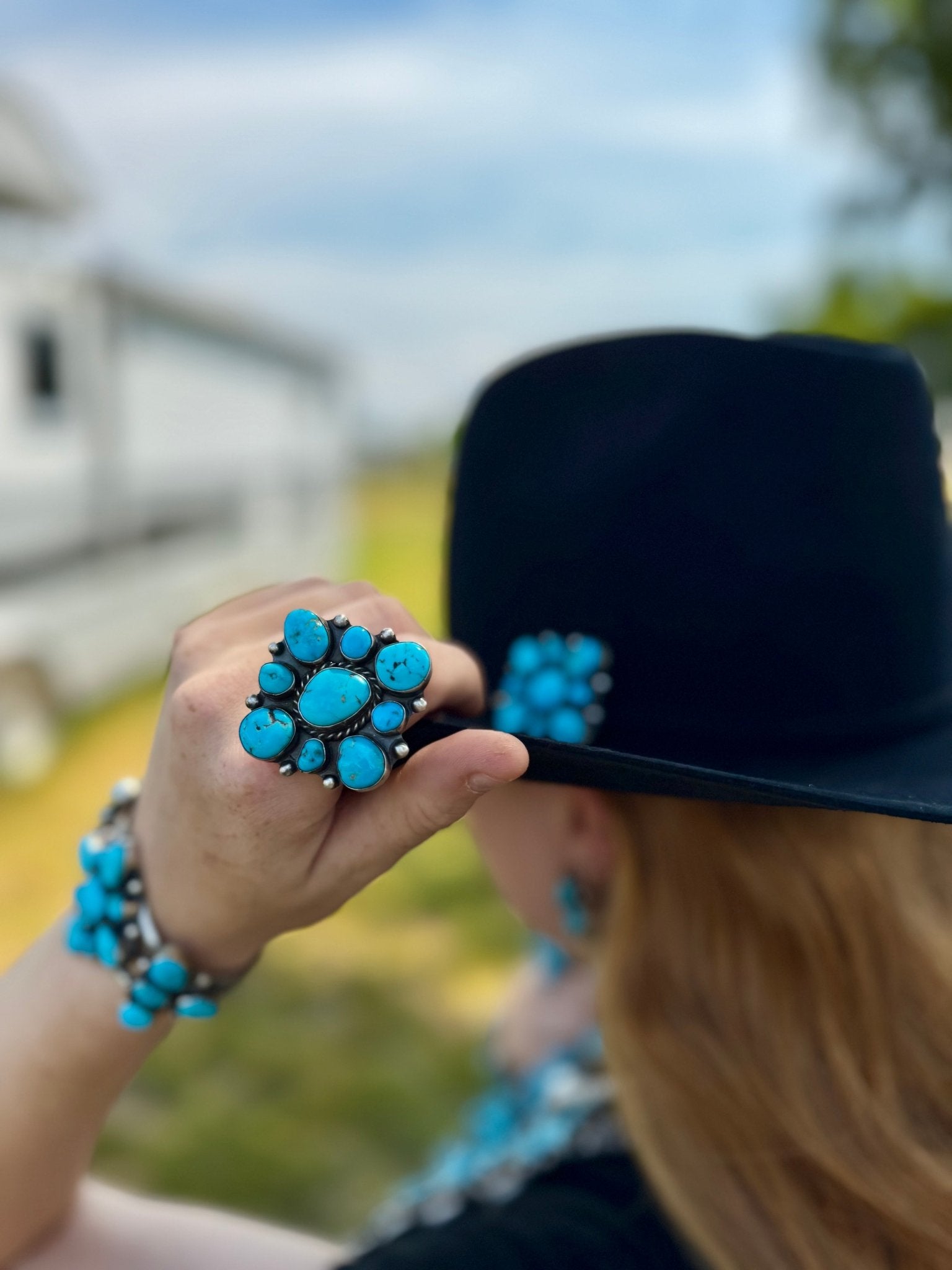 Complete Squash Blossom Set – Kingman Turquoise – Sterling Silver – Navajo Made by Wilson Dawes - Deadwood South Boutique & Company LLC