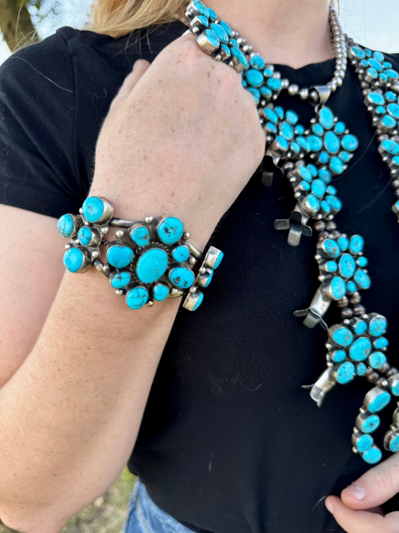 Complete Squash Blossom Set – Kingman Turquoise – Sterling Silver – Navajo Made by Wilson Dawes - Deadwood South Boutique & Company LLC