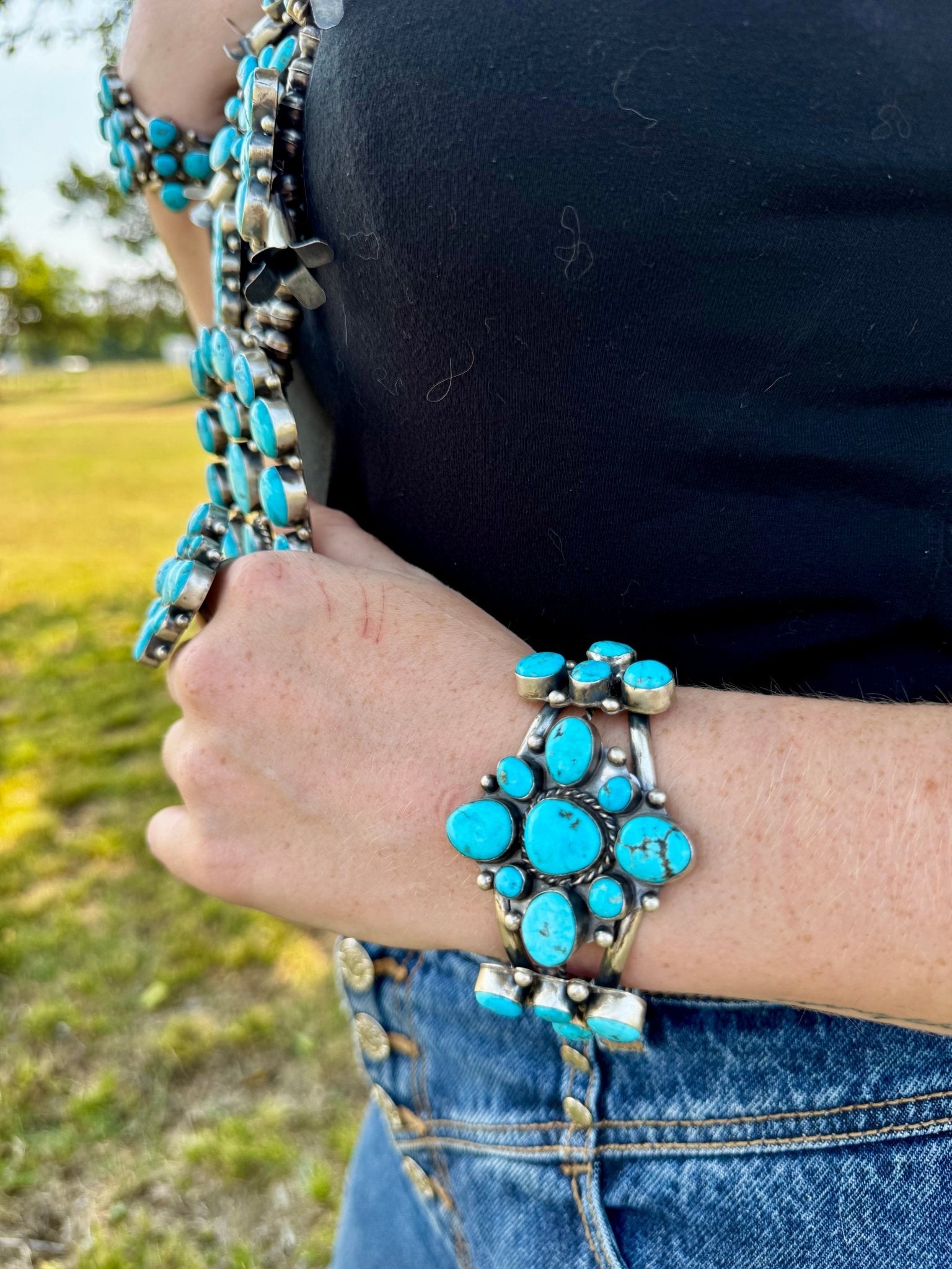 Complete Squash Blossom Set – Kingman Turquoise – Sterling Silver – Navajo Made by Wilson Dawes - Deadwood South Boutique & Company LLC