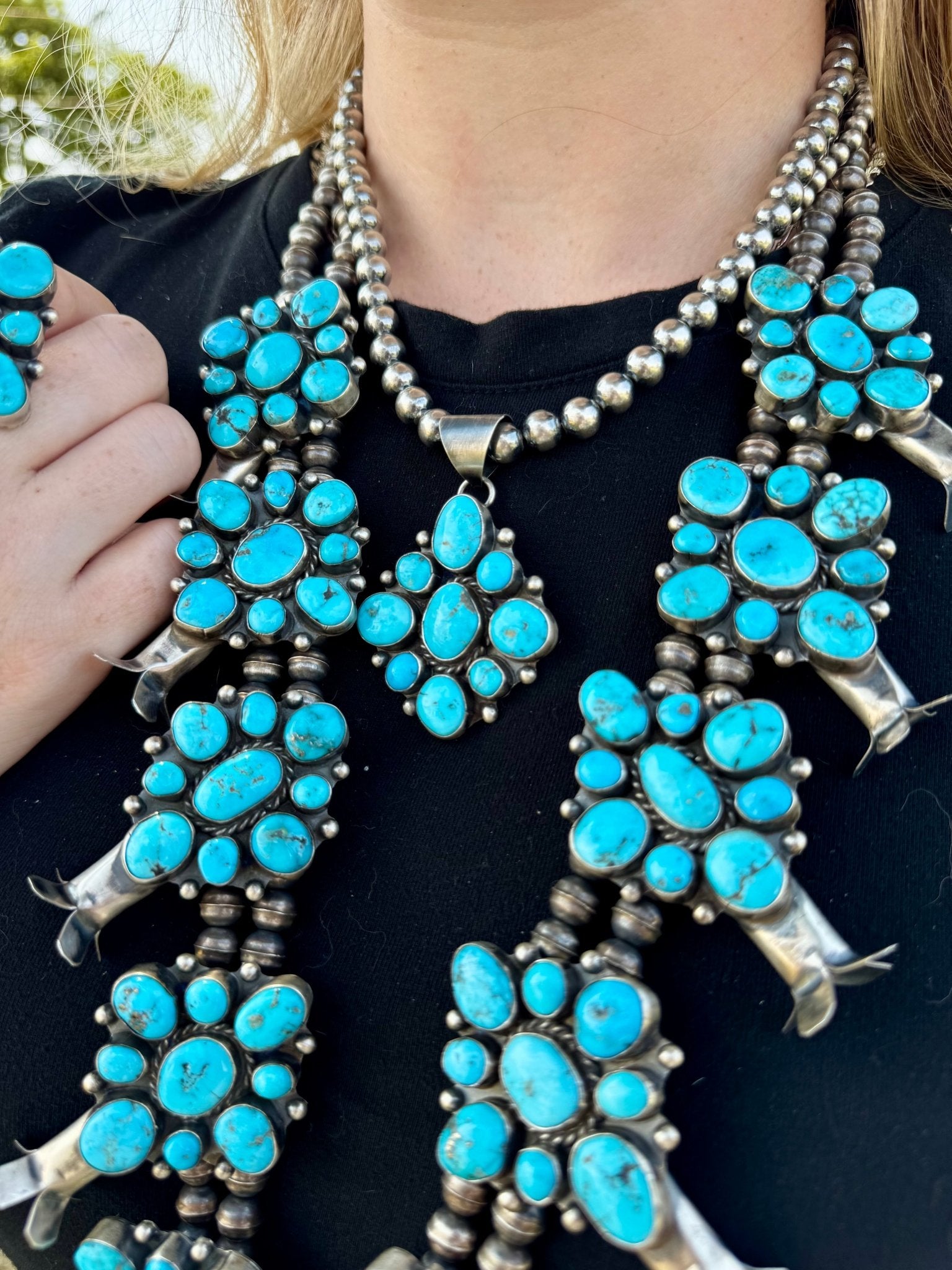 Complete Squash Blossom Set – Kingman Turquoise – Sterling Silver – Navajo Made by Wilson Dawes - Deadwood South Boutique & Company LLC